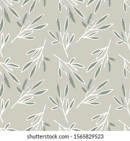 Seamless Pattern with Leaves. Hand Drawn Illustration. Vector Design Template. 