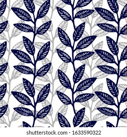 Seamless pattern with leaves. Hand drawn shapes. Blue and gray leaves on white background. For magazines, advertising, social media, stationary, fabric.