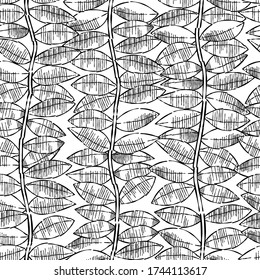 Seamless pattern with leaves. Hand drawn B&W vector illustration.