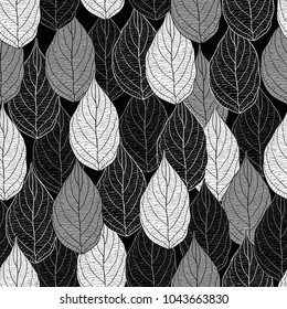 Seamless pattern with leaves. Hand-drawn monochrome composition. Vector drawing.