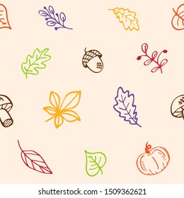 Seamless pattern of leaves and harvest. Hello autumn and fall season. Vector illustrations of repeating background in sketch style.