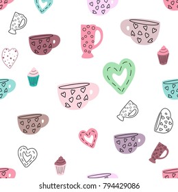 Seamless pattern with leaves, hearts and tea cups in scandinavian style. Vector illustration for print, paper, textile