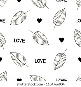 Seamless pattern with leaves, hearts and words love. Vector illustration