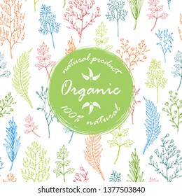 Patrón inoxidable con hojas y hierbas y etiqueta ecológica verde para cosméticos, productos de belleza, spa, comida saludable, diseño textil, papel pintado, papel de envoltura, decoración doméstica. Ilustración vectorial.