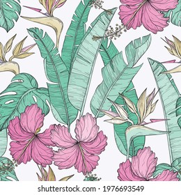 Seamless pattern with leaves and hibiscus flowers, bird of paradise flowers