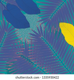 Seamless pattern leaves in hipster style. Colorful pattern memphis style. Modern flat illustration with colorful seamless pattern leaves. Exotic botanical print. Modern tropical drawing.