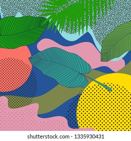 Seamless pattern leaves in hipster style. Colorful pattern memphis style. Modern flat illustration with colorful seamless pattern leaves. Exotic botanical print. Modern tropical drawing.