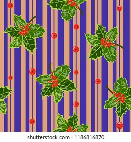 Seamless pattern with leaves and holly berries on striped background. Christmas background for textile, cover, wallpaper, gift packaging, printing.Romantic design for calico, silk.