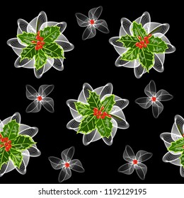Seamless pattern with leaves and holly berries on black background. Christmas background for textile, cover, wallpaper, gift packaging, printing.Romantic design for calico, silk.