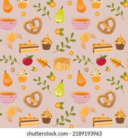 Seamless pattern: leaves, honey, cupcakes, flowers, apples, croissants. Fall season elements wrapping paper and textile. Vector illustration
