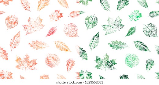 Seamless pattern with leaves imprints. Orange and green watercolor design. Colorful autumn and spring ornament.