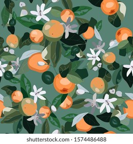 Seamless pattern with leaves, inflorescences and fruits orange on a aquamarine background. Vector illustration green-blue colors with plants. EPS 10