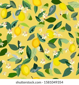 Seamless pattern with leaves, inflorescences and fruits lemon on a yellow background. Vector illustration green-yellow colors with plants. EPS 10