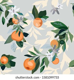 Seamless pattern with leaves, inflorescences and fruits orange on a light grey background. Vector illustration green, blue and beige colors with plants. EPS 10