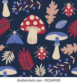 Seamless pattern with leaves, insects and mushrooms. Vector illustration.