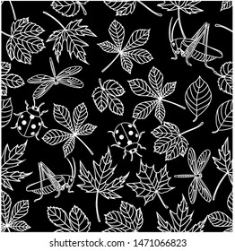 Seamless pattern - leaves and insects on a black background, white outline