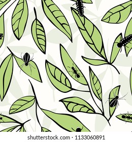 Seamless pattern with leaves and insects. Vector hand-drawn illustration for different backgrounds