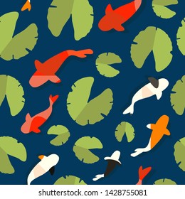 Seamless pattern with leaves and koi carp in pond on dark blue background. Flat design illustration. Green and blue tones and colorful koi fish