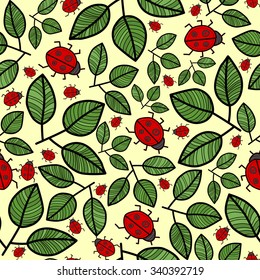 Seamless pattern with leaves and Ladybird