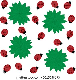 Seamless pattern of leaves and ladybird. Pattern for tile, textile or decoration. Design for nature lovers with Easter mood.