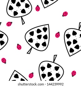 Seamless pattern with a leaves and ladybugs