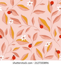 Seamless pattern with leaves, ladybugs and flowers. Cute vector floral background. Hand drawn design elements for fabric, print, cover, banner, wrapping, wallpaper.