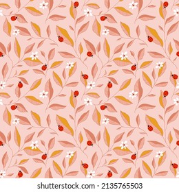 Seamless pattern with leaves, ladybugs and flowers. Cute vector floral background. Hand drawn design elements for fabric, print, cover, banner, wrapping, wallpaper.