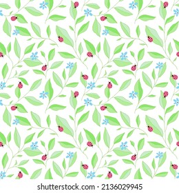 Seamless pattern with leaves, ladybugs and flowers. Cute vector floral background. Hand drawn design elements for fabric, print, cover, banner, wrapping, wallpaper.