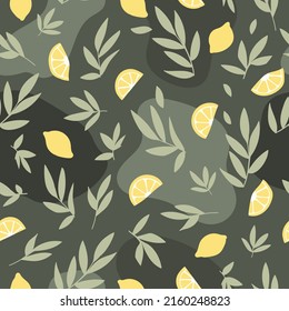 Seamless pattern of leaves and lemons on military background. An unusual pattern is suitable for the most interesting ideas.