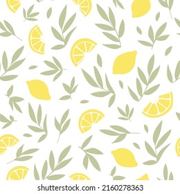 Seamless pattern of leaves and lemons. Vector simple illustration for fabric, wrapping paper or wallpaper.