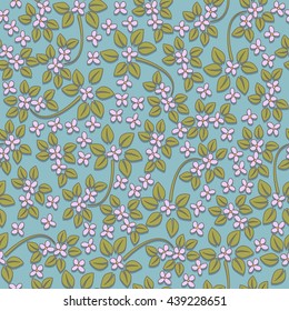 Seamless pattern with leaves and lilac flowers on turquoise background