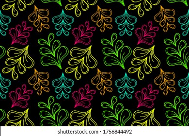 
seamless pattern of leaves in line art style, black background, and modern neon design, in green, orange, yellow, pink and blue colors, vector illustration.