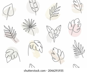 seamless pattern with leaves Line drawing of tropical palm leaves.