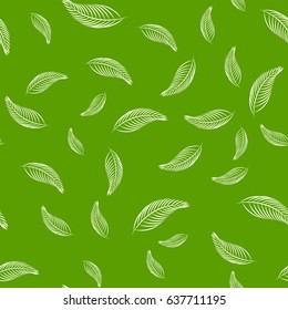 Seamless Pattern from Leaves, Line Style Design, White Leaf on Green Background, Summer and Spring Time, Vector Illustration 