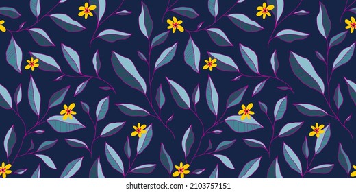 Seamless pattern with leaves and little flowers. Vector elegant floral background. Hand drawn design elements for fabric, print, cover, banner, invitation.