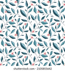 Seamless pattern with leaves and little flowers. Vector elegant floral background. Hand drawn design elements for fabric, print, cover, banner, invitation.