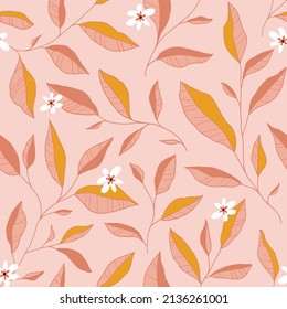 Seamless pattern with leaves and little flowers. Elegant floral background. Vector illustration.