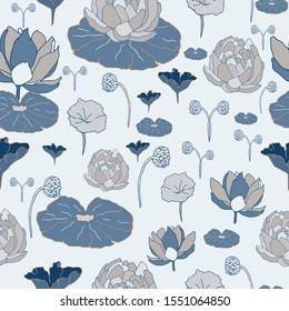 seamless pattern with leaves and lotus flowers, vector, freehand drawing