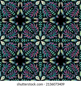 Seamless pattern with leaves and mandala ornaments