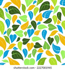 Seamless pattern of leaves in many colors. Used for backgrounds, wallpaper,  wrapping paper, textile patterns and several other design needs