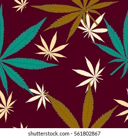 Seamless pattern with leaves of marijuana on brown background