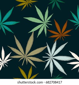 Seamless pattern with leaves of marijuana on dark green background. Colorful cannabis leaves. Vector illustration