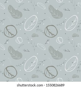 Seamless pattern with leaves, monochrome, autumn and winter mood