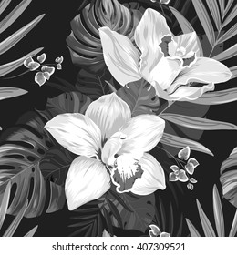 Seamless pattern of leaves monstera and blooming orchids. Monochrome composition on the black background.