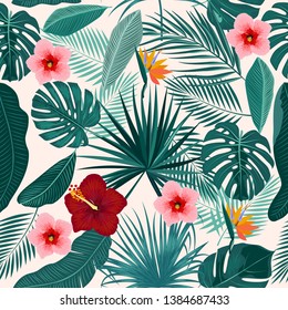 Seamless pattern of leaves monstera, flowers, tropical leaves of palm tree. Vector background.