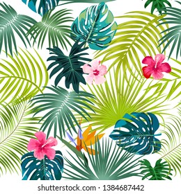 Seamless pattern of leaves monstera, flowers, tropical leaves of palm tree. Vector background.