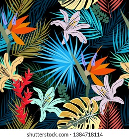 Seamless pattern of leaves monstera, flowers, tropical leaves of palm tree. Vector background.