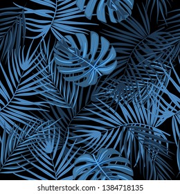 Seamless pattern of leaves monstera, flowers, tropical leaves of palm tree. Vector background.