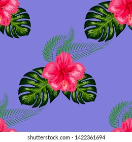 Seamless pattern of leaves monstera, flowers, tropical leaves of palm tree. background.
