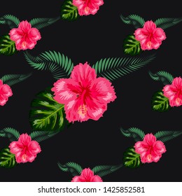 Seamless pattern of leaves monstera, flowers, tropical leaves of palm tree. background.